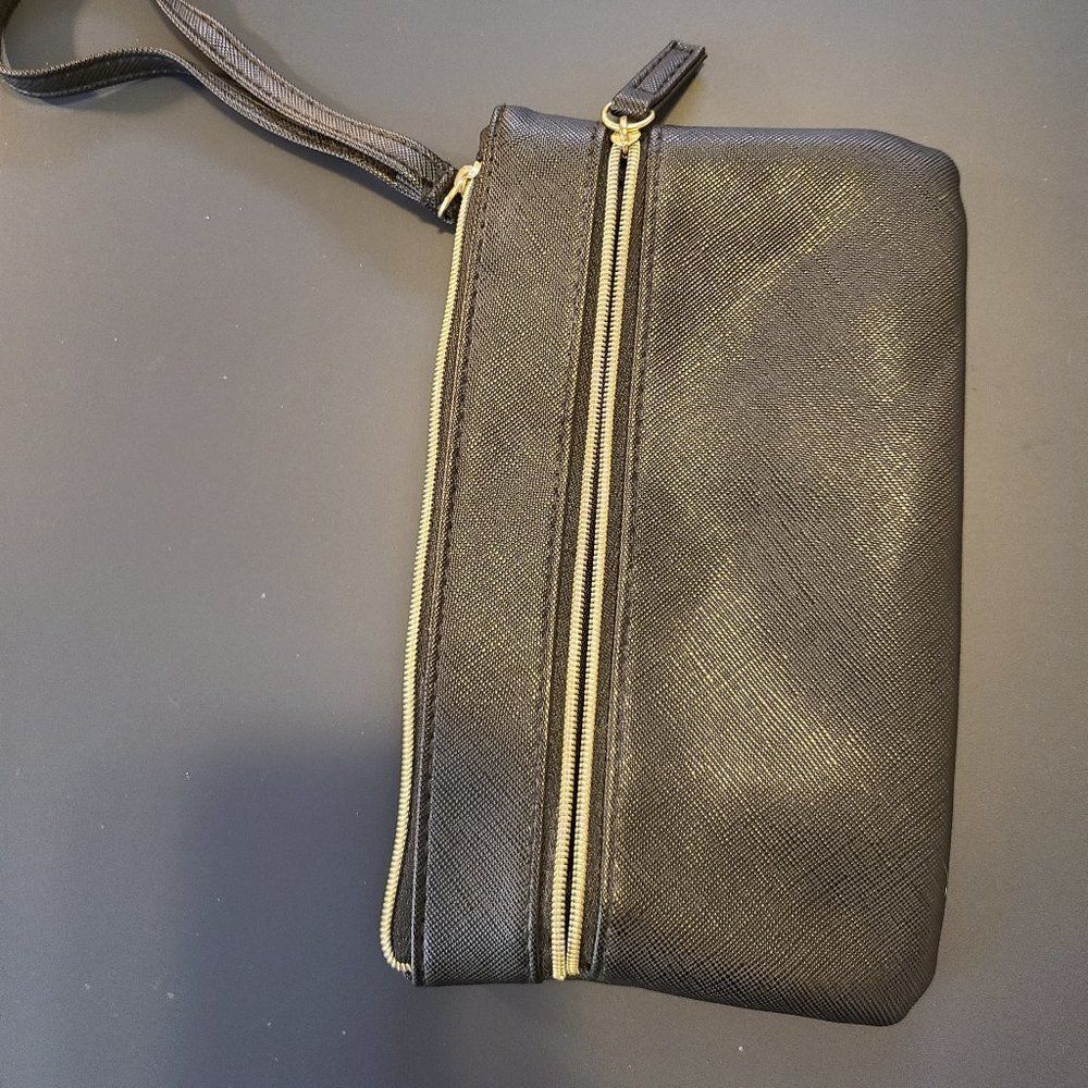 Black Faux Leather Double Zip Wristlet Clutch | Phone Wallet | OS